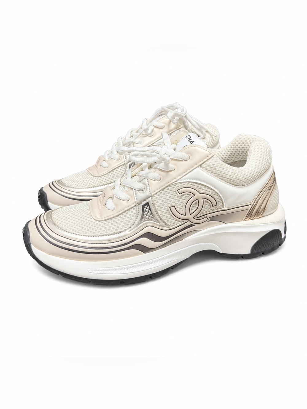 CHANEL Cream & White Mesh Logo Sneakers